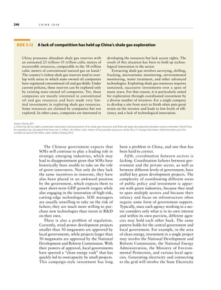 246	

china 2030

Box 3.12  A lack of competition has held up China’s shale gas exploration
China possesses abundant shale gas reserves with
an estimated 25 trillion–35 trillion cubic meters of
recoverable resources, comparable to the 38 trillion
cubic meters of conventional natural gas on hand.a
The country’s richest shale gas reserves tend to overlap with areas in which state-owned oil companies
have registered conventional oil and gas fields. Under
current policies, these reserves can be explored only
by existing state-owned oil companies. Yet, these
companies are mainly interested in conventional
oil and gas resources and have made very limited investments in exploring shale gas resources.
Some resources are claimed by companies but not
explored. In other cases, companies are interested in

developing the resources but lack access rights. The
result of this situation has been to hold up technological innovation in the sector.
Extracting shale gas involves surveying, drilling,
fracking, microseismic monitoring, environmental
monitoring, water treatment, and other advanced
technologies. Exploiting shale gas resources requires
sustained, successive investments over a span of
many years. For that reason, it is particularly suited
for exploration through coordinated investment by
a diverse number of investors. For a single company
to develop a site from start to finish often puts great
strain on the investor and leads to low levels of efficiency and a lack of technological innovation.

Source: Zhang 2011.
a. China has yet to make a systematic exploration and assessment of its shale gas resources, and there are large discrepancies between various estimates. PetroChina,
for example, has calculated that there are 21 trillion–45 trillion cubic meters of recoverable resources, while the U.S. Energy Information Administration puts this
number at around 36 trillion cubic meters (Zhang 2011)

The Chinese government expects that
SOEs will continue to play a leading role in
strategic emerging industries, which may
lead to disappointment given that SOEs have
historically been unable to take on the role
of green innovators. Not only do they lack
the same incentives to innovate, they have
also been placed in an awkward position
by the government, which expects them to
meet short-term GDP growth targets while
also engaging in the innovation of high-risk,
cutting-edge technologies. SOE managers
are usually unwilling to take on the risk of
failure; they are much more willing to purchase new technologies than invest in RD
on their own.
There is also a problem of regulation.
Currently, wind power development projects
smaller than 50 megawatts are approved by
local governments, while projects larger than
50 megawatts are approved by the National
Development and Reform Commission. With
their powers of approval, local governments
have spurred a “clean energy rush” that has
quickly led to overcapacity by small projects.
This campaign-style investment has long

been a problem in China, and one that has
been hard to correct.
Fifth, coordination between sectors is
lacking. Coordination failures between government and the private sector, as well as
between different levels of government, have
stalled key green development projects. The
complexity of coordinating different areas
of public policy and investment is apparent with green industries, because they tend
to span multiple sectors and because their
infancy and focus on infrastructure often
require some form of government support.
Typically, since each agency working in a sector considers only what is in its own interest
and within its own purview, different agencies may hold each other back. The same
pattern holds for the central government and
local government. For example, in the area
of clean energy, investment in a single project
may involve the National Development and
Reform Commission, the National Energy
Administration, the Ministry of Environmental Protection, and various local agencies. Generating electricity and connecting
to the grid will involve the State Electricity

 