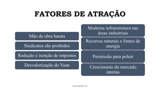 FATORES DE ATRAÇÃO
Mão de obra barata
Sindicatos são proibidos
Redução e isenção de impostos
Desvalorização do Yuan
www.jografia.com
Moderna infraestrutura nas
áreas industriais
Recursos naturais e fontes de
energia
Permissão para poluir
Crescimento do mercado
interno
 