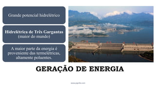 GERAÇÃO DE ENERGIA
Grande potencial hidrelétrico
Hidrelétrica de Três Gargantas
(maior do mundo)
A maior parte da energia é
proveniente das termelétricas,
altamente poluentes.
www.jografia.com
 