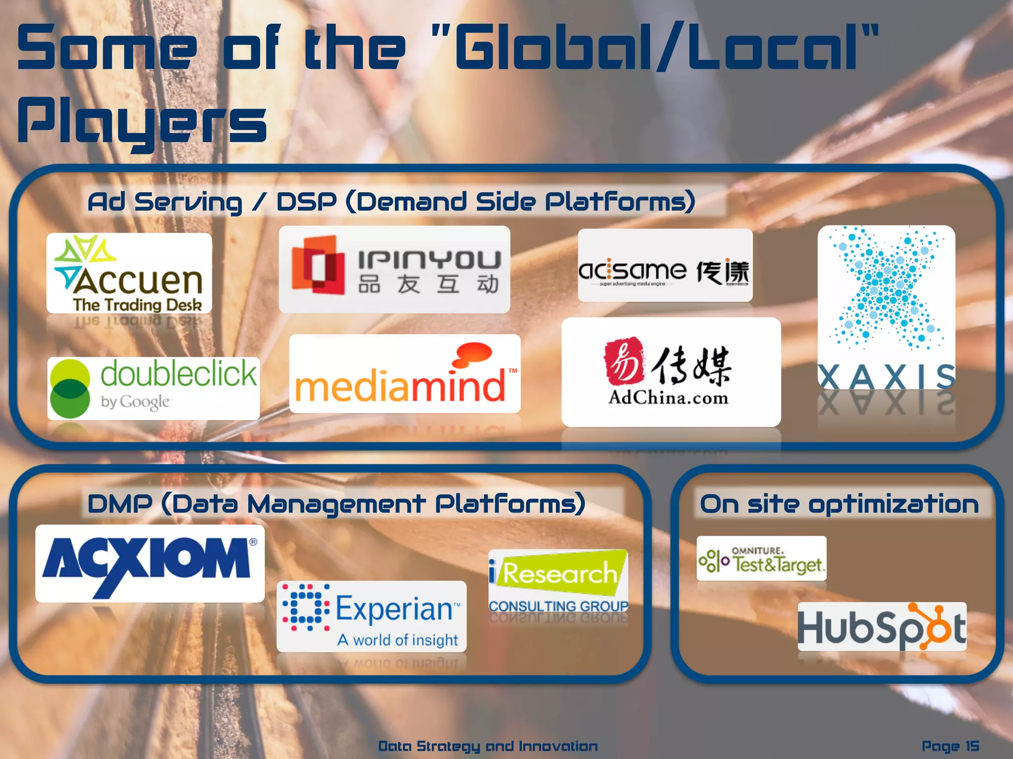 DMP (Data Management Platforms) On site optimization
Page 15Data Strategy and Innovation
Ad Serving / DSP (Demand Side Platforms)
Some of the “Global/Local”
Players
 