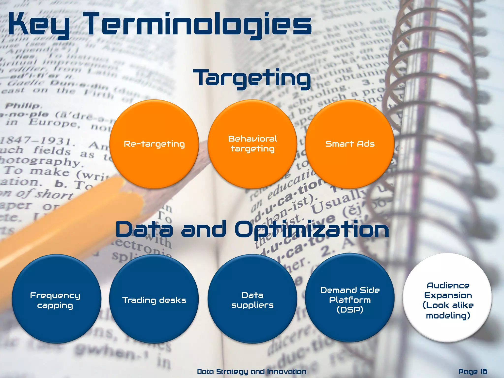 Targeting
Data and Optimization
Re-targeting
Behavioral
targeting
Smart Ads
Frequency
capping
Trading desks
Data
suppliers
Demand Side
Platform
(DSP)
Audience
Expansion
(Look alike
modeling)
Page 16Data Strategy and Innovation
Key Terminologies
 
