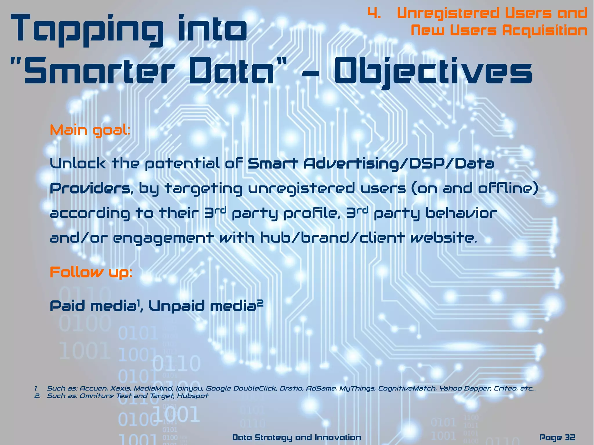 Main goal:
Unlock the potential of Smart Advertising/DSP/Data
Providers, by targeting unregistered users (on and ofﬂine)
according to their 3rd party proﬁle, 3rd party behavior
and/or engagement with hub/brand/client website.
Follow up:
Paid media1, Unpaid media2
4. Unregistered Users and
New Users Acquisition
Page 32Data Strategy and Innovation
Tapping into
“Smarter Data” - Objectives
1.  Such as: Accuen, Xaxis, MediaMind, Ipinyou, Google DoubleClick, Dratio, AdSame, MyThings, CognitiveMatch, Yahoo Dapper, Criteo, etc…
2.  Such as: Omniture Test and Target, Hubspot
 