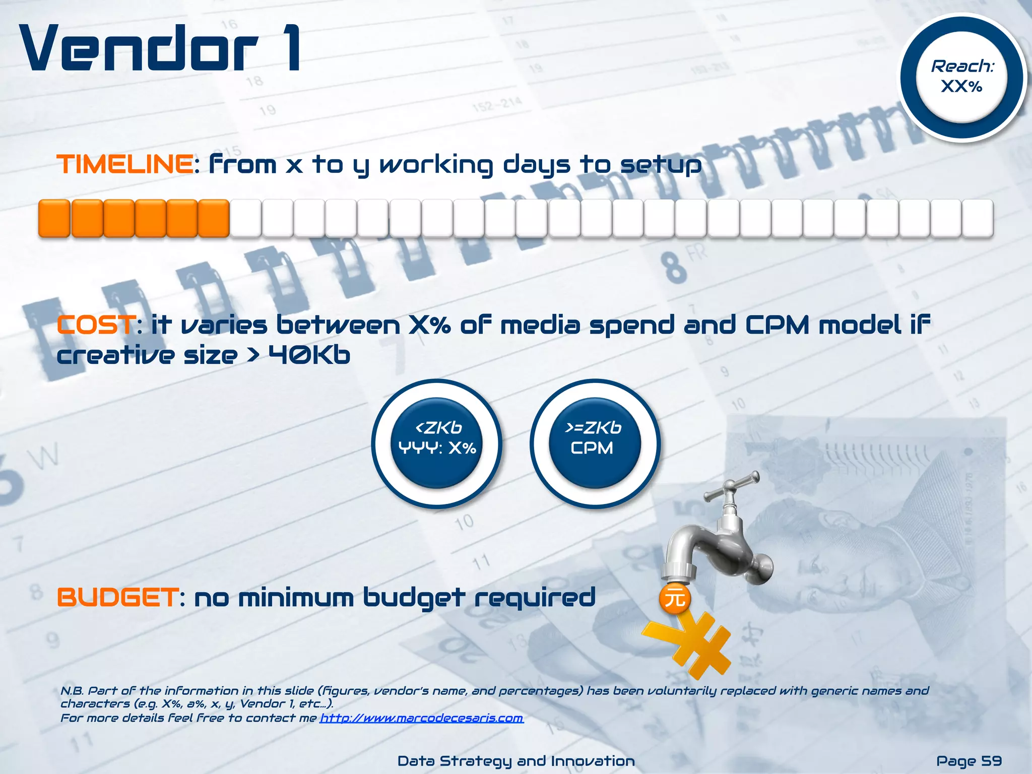 TIMELINE: from x to y working days to setup
COST: it varies between X% of media spend and CPM model if
creative size > 40Kb
BUDGET: no minimum budget required
<ZKb
YYY: X%
>=ZKb
CPM
Reach:
XX%
N.B. Part of the information in this slide (ﬁgures, vendor’s name, and percentages) has been voluntarily replaced with generic names and
characters (e.g. X%, a%, x, y, Vendor 1, etc…).
For more details feel free to contact me http://www.marcodecesaris.com
Page 59Data Strategy and Innovation
Vendor 1
元
 