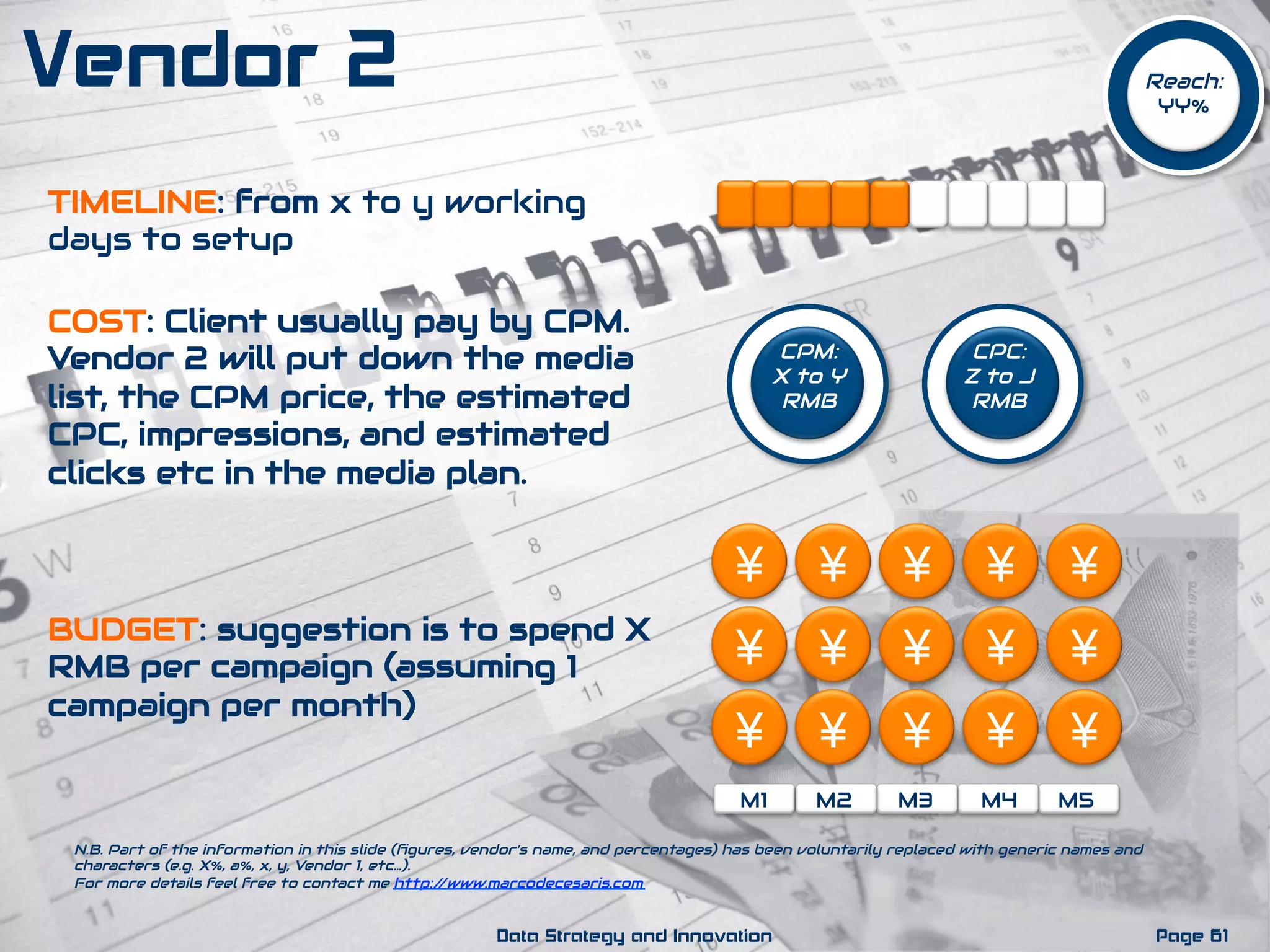 TIMELINE: from x to y working
days to setup
COST: Client usually pay by CPM.
Vendor 2 will put down the media
list, the CPM price, the estimated
CPC, impressions, and estimated
clicks etc in the media plan.
CPM:
X to Y
RMB
CPC:
Z to J
RMB
BUDGET: suggestion is to spend X
RMB per campaign (assuming 1
campaign per month)
¥ ¥¥ ¥ ¥
M1 M2 M3 M4 M5
¥ ¥¥ ¥ ¥
¥ ¥¥ ¥ ¥
N.B. Part of the information in this slide (ﬁgures, vendor’s name, and percentages) has been voluntarily replaced with generic names and
characters (e.g. X%, a%, x, y, Vendor 1, etc…).
For more details feel free to contact me http://www.marcodecesaris.com
Page 61Data Strategy and Innovation
Vendor 2 Reach:
YY%
 