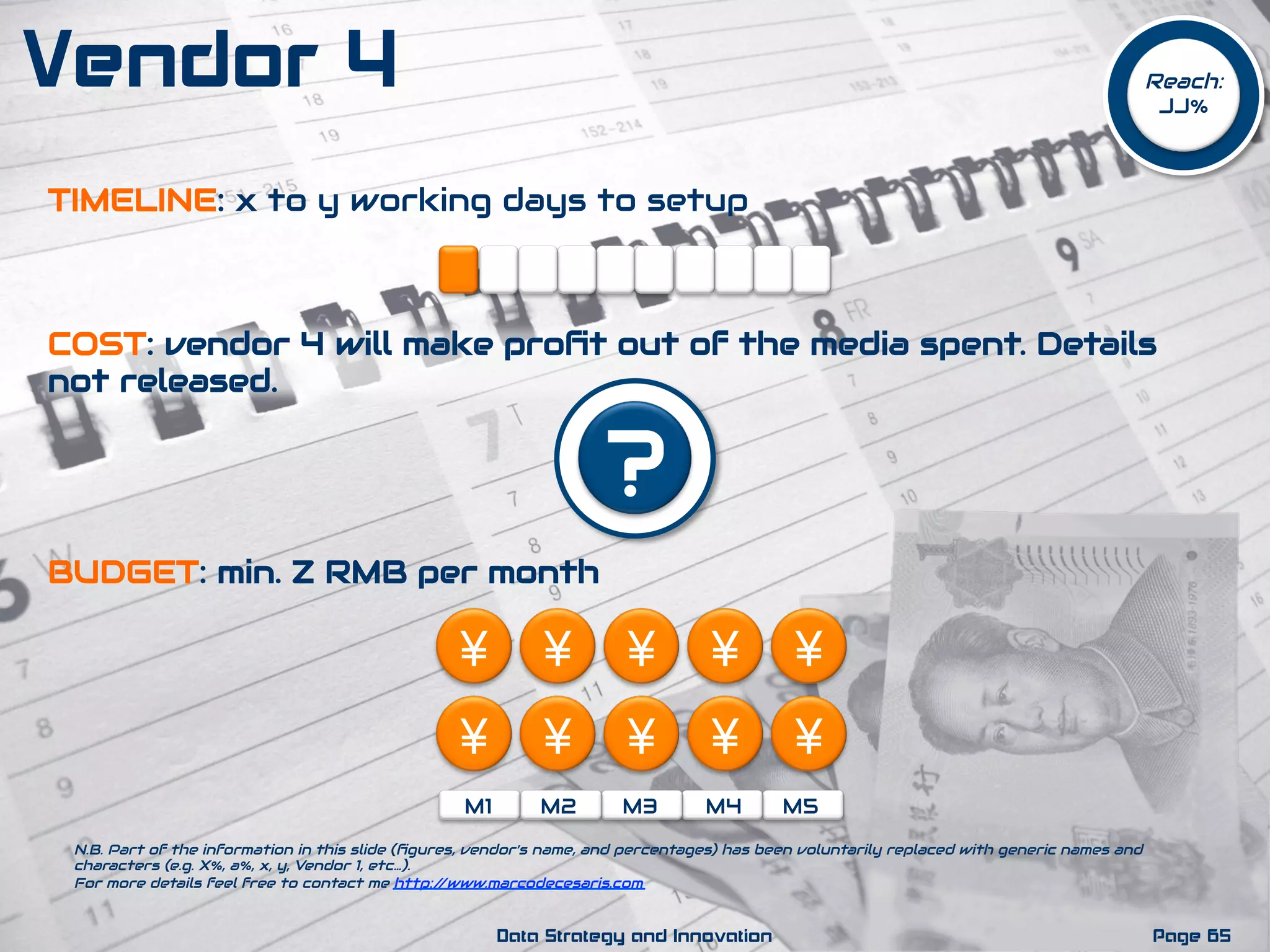 TIMELINE: x to y working days to setup
COST: vendor 4 will make proﬁt out of the media spent. Details
not released.
BUDGET: min. Z RMB per month
¥ ¥¥ ¥ ¥
M1 M2 M3 M4 M5
¥ ¥¥ ¥ ¥
?
N.B. Part of the information in this slide (ﬁgures, vendor’s name, and percentages) has been voluntarily replaced with generic names and
characters (e.g. X%, a%, x, y, Vendor 1, etc…).
For more details feel free to contact me http://www.marcodecesaris.com
Page 65Data Strategy and Innovation
Vendor 4 Reach:
JJ%
 
