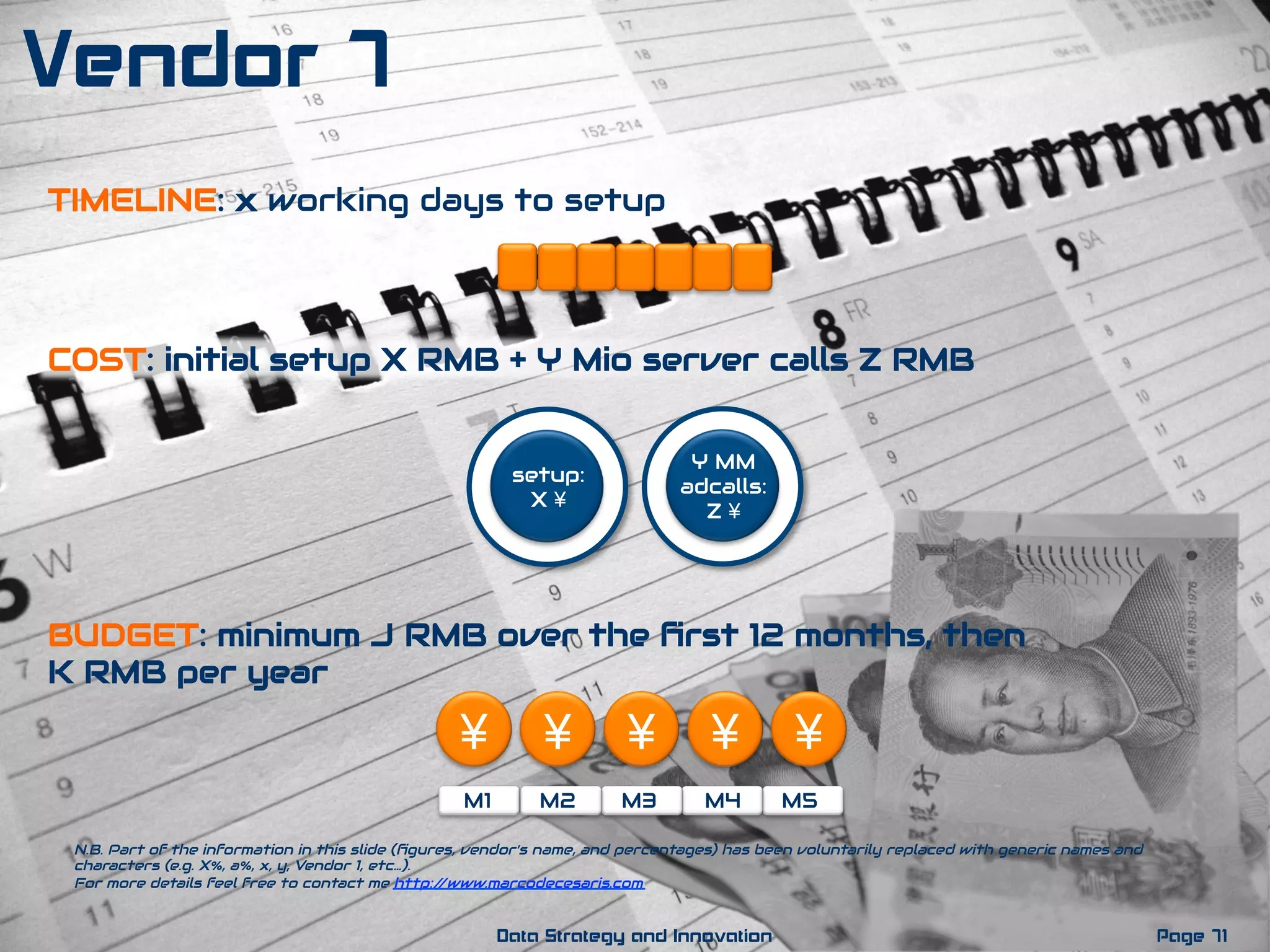 TIMELINE: x working days to setup
COST: initial setup X RMB + Y Mio server calls Z RMB
BUDGET: minimum J RMB over the ﬁrst 12 months, then
K RMB per year
Y MM
adcalls:
Z ¥
setup:
X ¥
N.B. Part of the information in this slide (ﬁgures, vendor’s name, and percentages) has been voluntarily replaced with generic names and
characters (e.g. X%, a%, x, y, Vendor 1, etc…).
For more details feel free to contact me http://www.marcodecesaris.com
Page 71Data Strategy and Innovation
Vendor 7
¥ ¥¥ ¥ ¥
M1 M2 M3 M4 M5
 