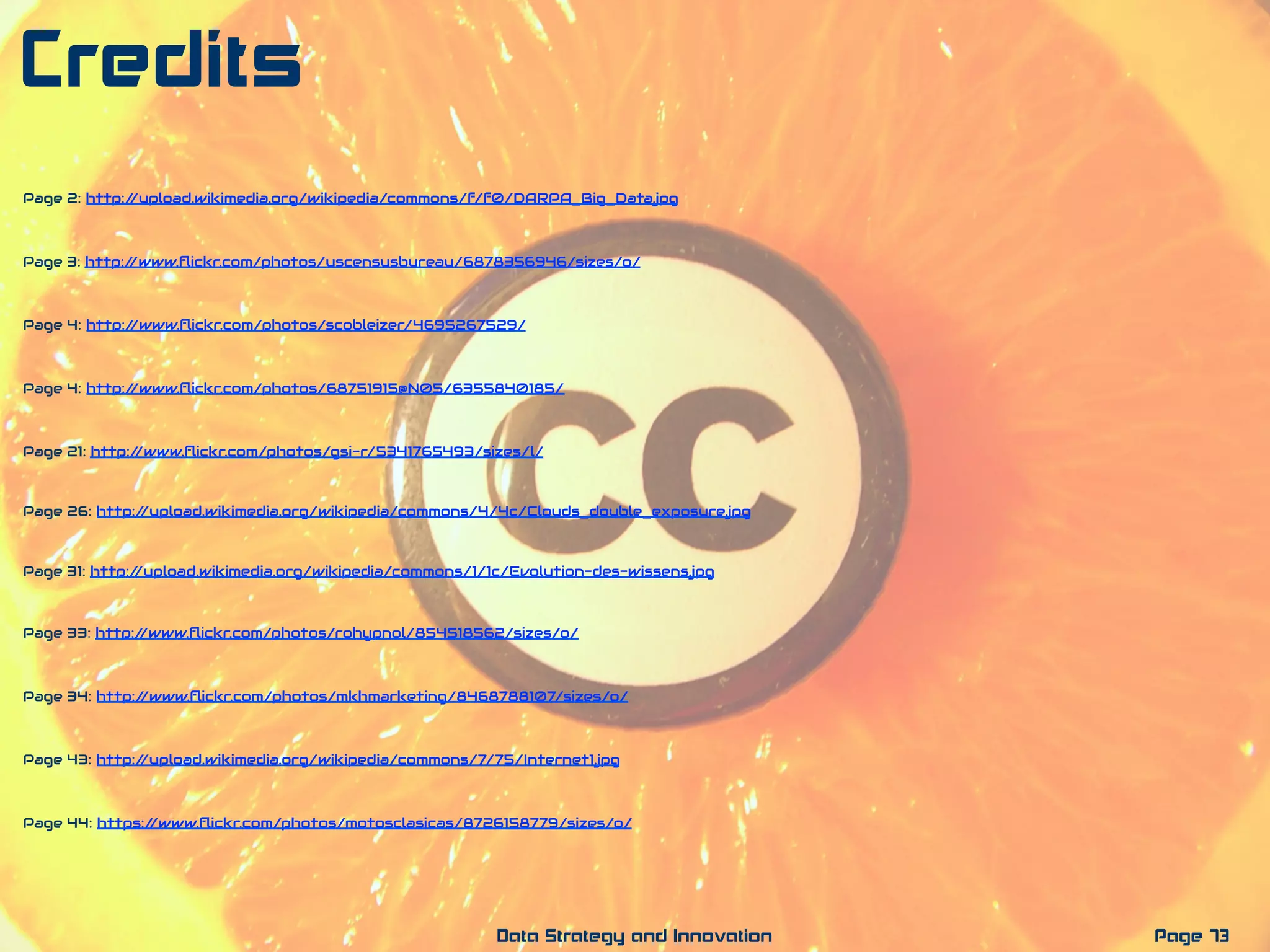 Page 73Data Strategy and Innovation
Credits
Page 2: http://upload.wikimedia.org/wikipedia/commons/f/f0/DARPA_Big_Data.jpg
Page 3: http://www.ﬂickr.com/photos/uscensusbureau/6878356946/sizes/o/
Page 4: http://www.ﬂickr.com/photos/scobleizer/4695267529/
Page 4: http://www.ﬂickr.com/photos/68751915@N05/6355840185/
Page 21: http://www.ﬂickr.com/photos/gsi-r/5341765493/sizes/l/
Page 33: http://www.ﬂickr.com/photos/rohypnol/854518562/sizes/o/
Page 34: http://www.ﬂickr.com/photos/mkhmarketing/8468788107/sizes/o/
Page 43: http://upload.wikimedia.org/wikipedia/commons/7/75/Internet1.jpg
Page 26: http://upload.wikimedia.org/wikipedia/commons/4/4c/Clouds_double_exposure.jpg
Page 31: http://upload.wikimedia.org/wikipedia/commons/1/1c/Evolution-des-wissens.jpg
Page 44: https://www.ﬂickr.com/photos/motosclasicas/8726158779/sizes/o/
 