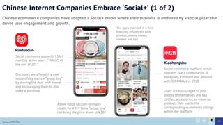 Chinese Internet Companies Embrace ‘Social+’ (1 of 2)
Chinese ecommerce companies have adopted a Social+ model where their business is anchored by a social pillar that
drives user engagement and growth.
Source: SCMP, 36kr
Social commerce app with 156M
monthly active users (“MAUs”) at
the end of 2017
Discounts are offered if a user
successfully starts a “group buy”
by sharing the deal with friends
and encouraging them to also
make a purchase
Above robot vacuum normally
retails for ¥399 but a “group buy”
can bring the price down to ¥288
The app’s main tab is a feed
featuring influencers with
product photos, videos,
reviews and tips
Social commerce platform which
operates like a combination of
Instagram, Pinterest and Amazon
with 30M MAUs in 2018
Users are encouraged to post
photos of themselves and tag
clothes, accessories, or make-up
products they use to the
corresponding ecommerce listings
within the platform
Xiaohongshu
Pinduoduo
17
 