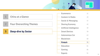 Table of Contents
Ecommerce
Content & Media
Social & Messaging
Sharing Economy
Artificial Intelligence
Smart Devices
Blockchain
Fintech
Education
Gaming
Esports
Autonomous Car
China at a Glance1
Four Overarching Themes2
Deep-dive by Sector3
21
29
37
43
49
58
63
68
75
81
86
91
75
 
