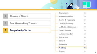 Table of Contents
Ecommerce
Content & Media
Social & Messaging
Sharing Economy
Artificial Intelligence
Smart Devices
Blockchain
Fintech
Education
Gaming
Esports
Autonomous Car
China at a Glance1
Four Overarching Themes2
Deep-dive by Sector3
21
29
37
43
49
58
63
68
75
81
86
91
86
 