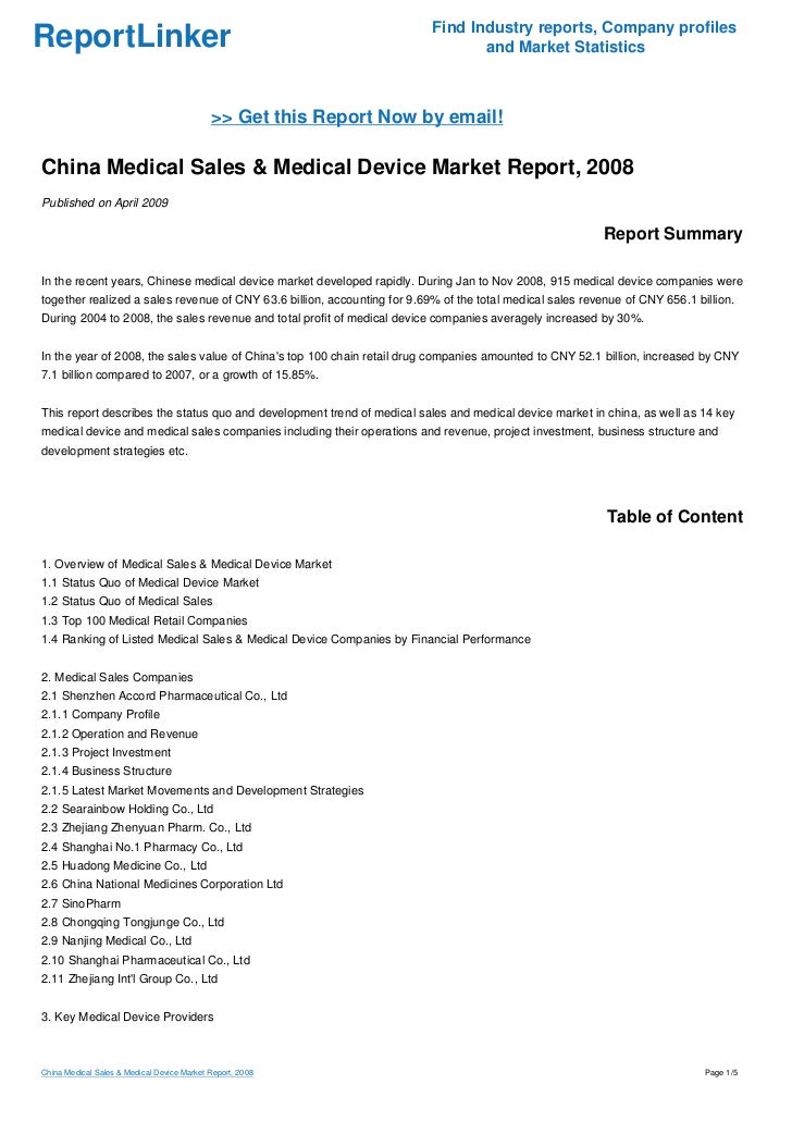 china medical sales medical device market report 2008 top medical sales companies