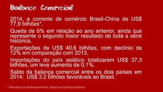 Balanco Comercial
2014, a corrente de comércio Brasil-China de US$
77,9 bilhões*.
Queda de 6% em relação ao ano anterior, ainda que
represente o segundo maior resultado de toda a série
histórica.
Exportações de US$ 40,6 bilhões, com declínio de
12% em comparação com 2013.
Importações do país asiático totalizaram US$ 37,3
bilhões, um leve aumento de 0,1%.
Saldo da balança comercial entre os dois países em
2014: US$ 3,2 bilhões favoráveis ao Brasil.
* Ministério do Desenvolvimento, Indústria e Comércio Exterior.
,
 