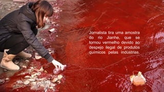 Jornalista tira uma amostra
do rio Jianhe, que se
tornou vermelho devido ao
despejo ilegal de produtos
químicos pelas indústrias.
 