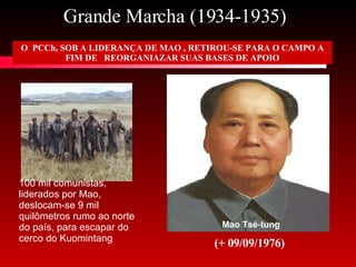 Grande Marcha (1934-1935)  100 mil comunistas, liderados por Mao, deslocam-se 9 mil quilômetros rumo ao norte do país, para escapar do cerco do Kuomintang Mao Tsé - tung   O  PCCh, SOB A LIDERANÇA DE MAO , RETIROU-SE PARA O CAMPO A FIM DE  REORGANIAZAR SUAS BASES DE APOIO (+ 09/09/1976) 
