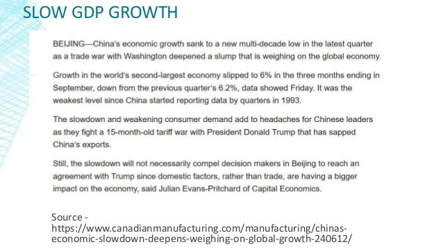 SLOW GDP GROWTH
Source -
https://www.canadianmanufacturing.com/manufacturing/chinas-
economic-slowdown-deepens-weighing-on-global-growth-240612/
 