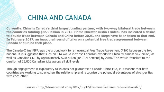 CHINA AND CANADA
Source - http://dawsonstrat.com/2017/06/12/the-canada-china-trade-relationship/
Currently, China is Canada’s third largest trading partner, with two-way bilateral trade between
the countries totaling $85.9 billion in 2015. Prime Minister Justin Trudeau has indicated a desire
to double trade between Canada and China before 2025, and steps have been taken to that end.
In February 2017, an inaugural round of talks on a potential free trade agreement between
Canada and China took place.
The Canada-China FIPA lays the groundwork for an eventual Free Trade Agreement (FTA) between the two
nations. It is suggested that such an FTA would increase Canadian exports to China by almost $7.7 billion, as
well as Canadian GDP by approximately $7.8 billion (or 0.14 percent) by 2030. This would translate to the
creation of 25,000 Canadian jobs across all skill levels.
Though engagement in exploratory talks does not guarantee a Canada-China FTA, it is evident that both
countries are working to strengthen the relationship and recognize the potential advantages of stronger ties
with each other.
 
