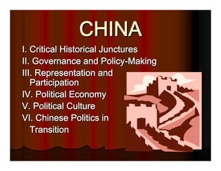 CHINA
I. Critical Historical Junctures
II. Governance and Policy-Making
III. Representation and
   Participation
IV. Political Economy
V. Political Culture
VI. Chinese Politics in
   Transition
 