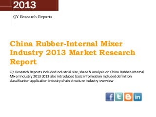 2013
QY Research Reports
China Rubber-Internal Mixer
Industry 2013 Market Research
Report
QY Research Reports included industrial size, share & analysis on China Rubber-Internal
Mixer Industry 2013 2013 also introduced basic information included definition
classification application industry chain structure industry overview
 