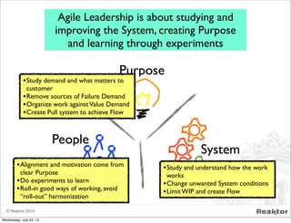 © Reaktor 2013
Agile Leadership is about studying and
improving the System, creating Purpose
and learning through experiments
Purpose
People
System
•Study and understand how the work
works
•Change unwanted System conditions
•Limit WIP and create Flow
•Study demand and what matters to
customer
•Remove sources of Failure Demand
•Organize work againstValue Demand
•Create Pull system to achieve Flow
•Alignment and motivation come from
clear Purpose
•Do experiments to learn
•Roll-in good ways of working, avoid
“roll-out” harmonization
Wednesday, July 24, 13
 