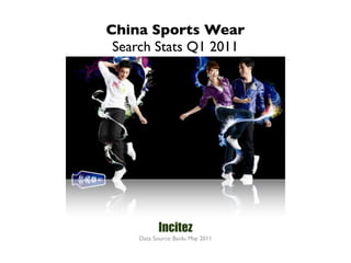 China Sports Wear
 Search Stats Q1 2011




            Incitez
     Data Source: Baidu May 2011
 