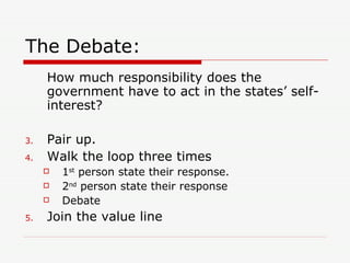 The Debate: How much responsibility does the government have to act in the states’ self-interest? Pair up. Walk the loop three times 1 st  person state their response. 2 nd  person state their response Debate Join the value line 