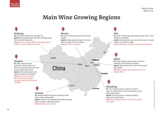 27
Week in China
Winter 2014
The Little
Red Book
Sources:LiDemei,DecanterChina;JimBoyce,GrapeWallofChina
Main Wine Growing Regions
China
Yunnan
Xinjiang
Shanxi Shandong
Shanghai
Ningxia
Jilin
Hebei
Hong Kong
Beijing
Shandong
For: more moderate climate; no need to bury vines in
winter; the longest history in China of winemaking; home to
leading state wineries
Against: rain in the summer, so pesticide required to
reduce risk of fungal disease
Wineries: Changyu Pioneer, COFCO Great Wall,
Citic Lafite
Hebei
For: closer to Beijing, which is useful for sales and
distribution; drier climate than Shandong
Against: high humidity in the summer increases risk of
grape disease
Wineries: Dragon Seal, Chateau Sun God,
Moutai Wine
Shanxi
For: up-and-coming area made famous by Grace
Vineyard
Against: limited production mostly in the Taiyuan
Basin and fringes of the Loess Plateau
Wineries: Grace Vineyard
Jilin
For: grows a Chinese origin grape called the Amur, which is more
resistant to cold weather
Against: local grapes lack sugar and can be too acidic; few grape
varieties can survive the weather
Selected wineries: Tonghua Grape, Changbaishan
Xinjiang
For: large areas of grapes under cultivation; dry
Against: short growing season; little history of bottling its own
wine; remote from major cities
Wineries: Citic Guoan, Chateau Changyu Baron
Balboa, Tiansai Vineyards of Gobi
Ningxia
For: policy support from local
government; decent irrigation from
Yellow River, good light and warmth; hub
for new vineyards and wineries
Against: short growing season; vines
need to be buried over cold winters
Wineries: Domaine Helan
Mountain, Silver Heights,
Changyu Moser XV, Domaine
Chandon
Yunnan
For: southerly latitude brings strong sunlight and milder
winters; longer growing season
Against: hilly terrain and fragmented plots; little winemaking
history, shortage of experienced workers
Wineries: Shangri-La Deqin
 