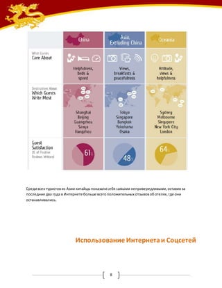 Среди всех туристов из Азии китайцы показали себя самыми непривередливыми, оставив за 
последние два года в Интернете больше всего положительных отзывов об отелях, где они 
останавливались. 
Использование Интернета и Соцсетей 
8 
 