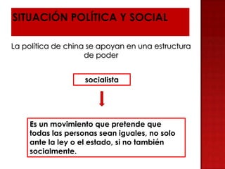 La política de china se apoyan en una estructura
de poder
socialista
Es un movimiento que pretende que
todas las personas sean iguales, no solo
ante la ley o el estado, si no también
socialmente.
 