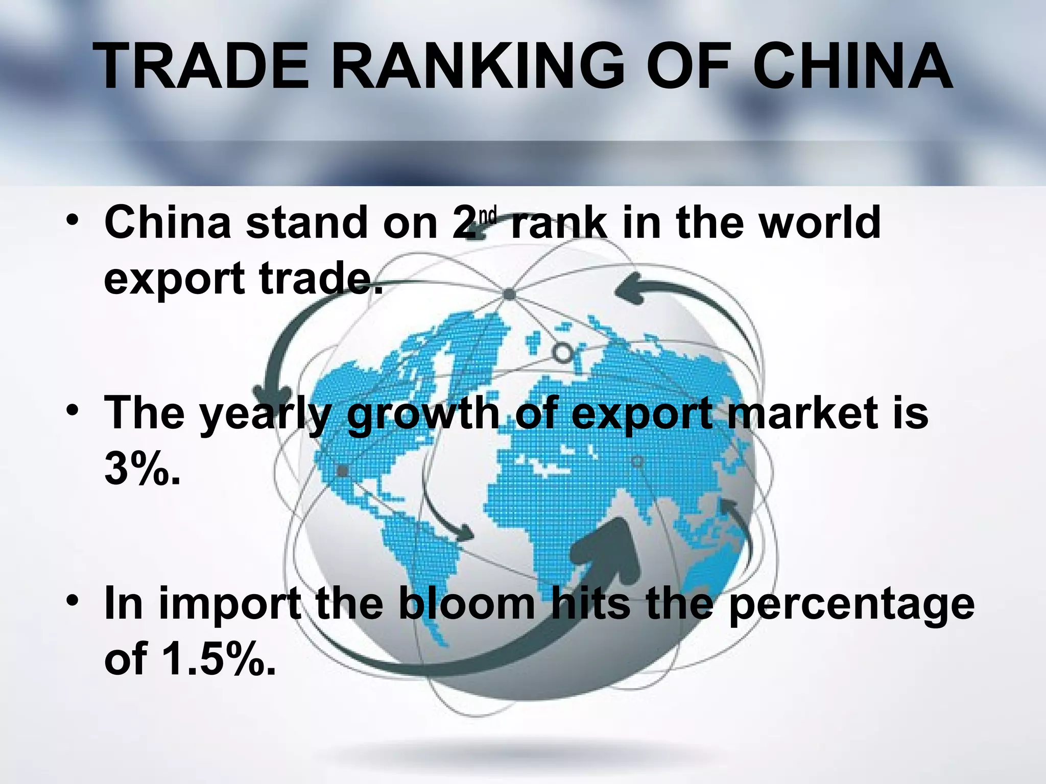 TRADE RANKING OF CHINA
• China stand on 2nd
rank in the world
export trade.
• The yearly growth of export market is
3%.
• In import the bloom hits the percentage
of 1.5%.
 
