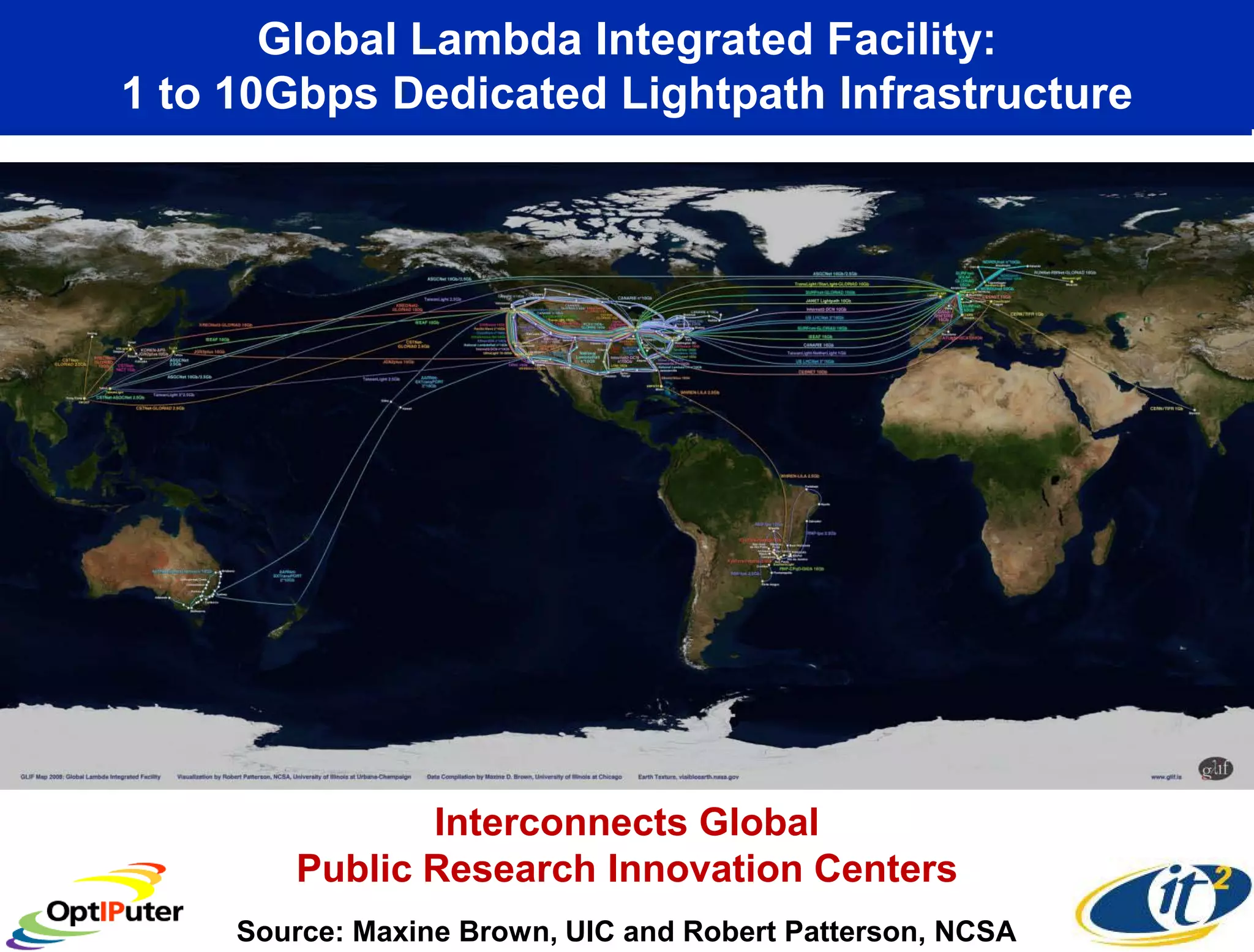 Global Lambda Integrated Facility:
1 to 10Gbps Dedicated Lightpath Infrastructure




               Interconnects Global
        Public Research Innovation Centers
     Source: Maxine Brown, UIC and Robert Patterson, NCSA
 