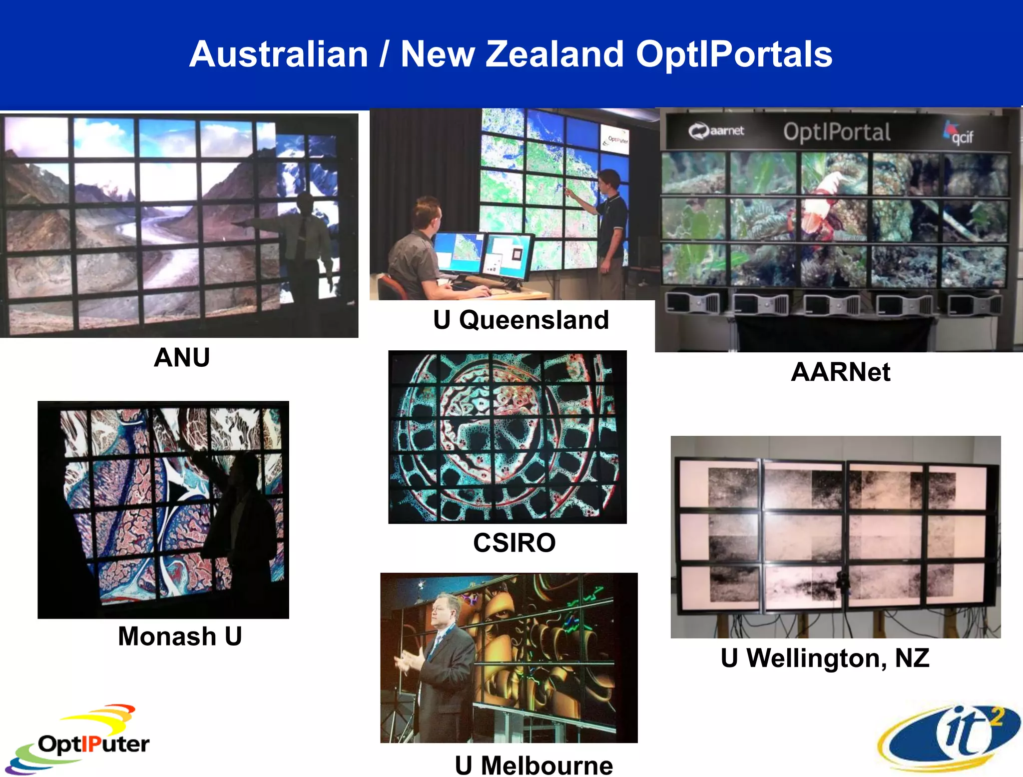 Australian / New Zealand OptIPortals




                 U Queensland
  ANU
                                      AARNet




                   CSIRO


Monash U
                                 U Wellington, NZ



                  U Melbourne
 