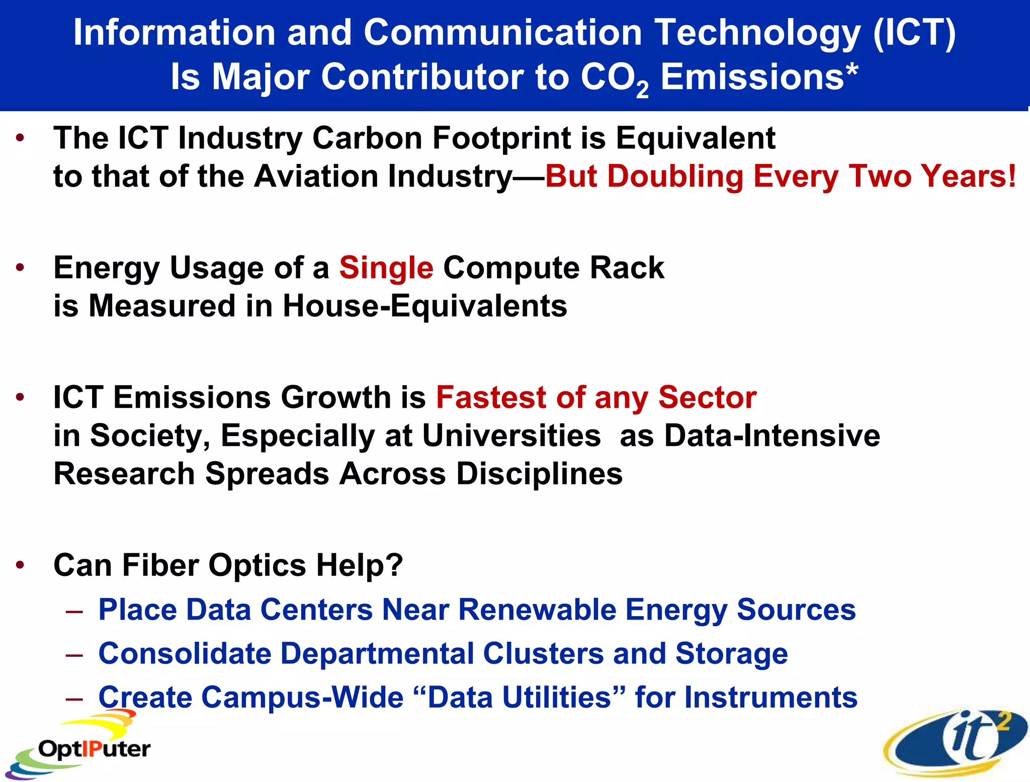 Information and Communication Technology (ICT)
        Is Major Contributor to CO2 Emissions*
• The ICT Industry Carbon Footprint is Equivalent
  to that of the Aviation Industry—But Doubling Every Two Years!

• Energy Usage of a Single Compute Rack
  is Measured in House-Equivalents

• ICT Emissions Growth is Fastest of any Sector
  in Society, Especially at Universities as Data-Intensive
  Research Spreads Across Disciplines

• Can Fiber Optics Help?
   – Place Data Centers Near Renewable Energy Sources
   – Consolidate Departmental Clusters and Storage
   – Create Campus-Wide “Data Utilities” for Instruments
 
