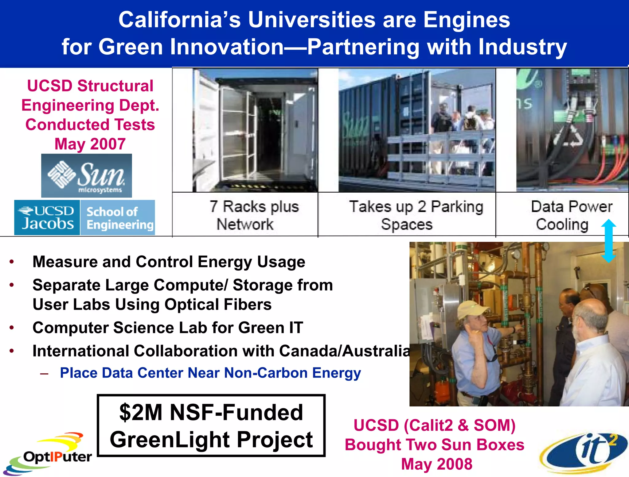 California’s Universities are Engines
        for Green Innovation—Partnering with Industry
     UCSD Structural
    Engineering Dept.
    Conducted Tests
        May 2007




•    Measure and Control Energy Usage
•    Separate Large Compute/ Storage from
     User Labs Using Optical Fibers
•    Computer Science Lab for Green IT
•    International Collaboration with Canada/Australia
      – Place Data Center Near Non-Carbon Energy

                $2M NSF-Funded                UCSD (Calit2 & SOM)
               GreenLight Project            Bought Two Sun Boxes
                                                   May 2008
 