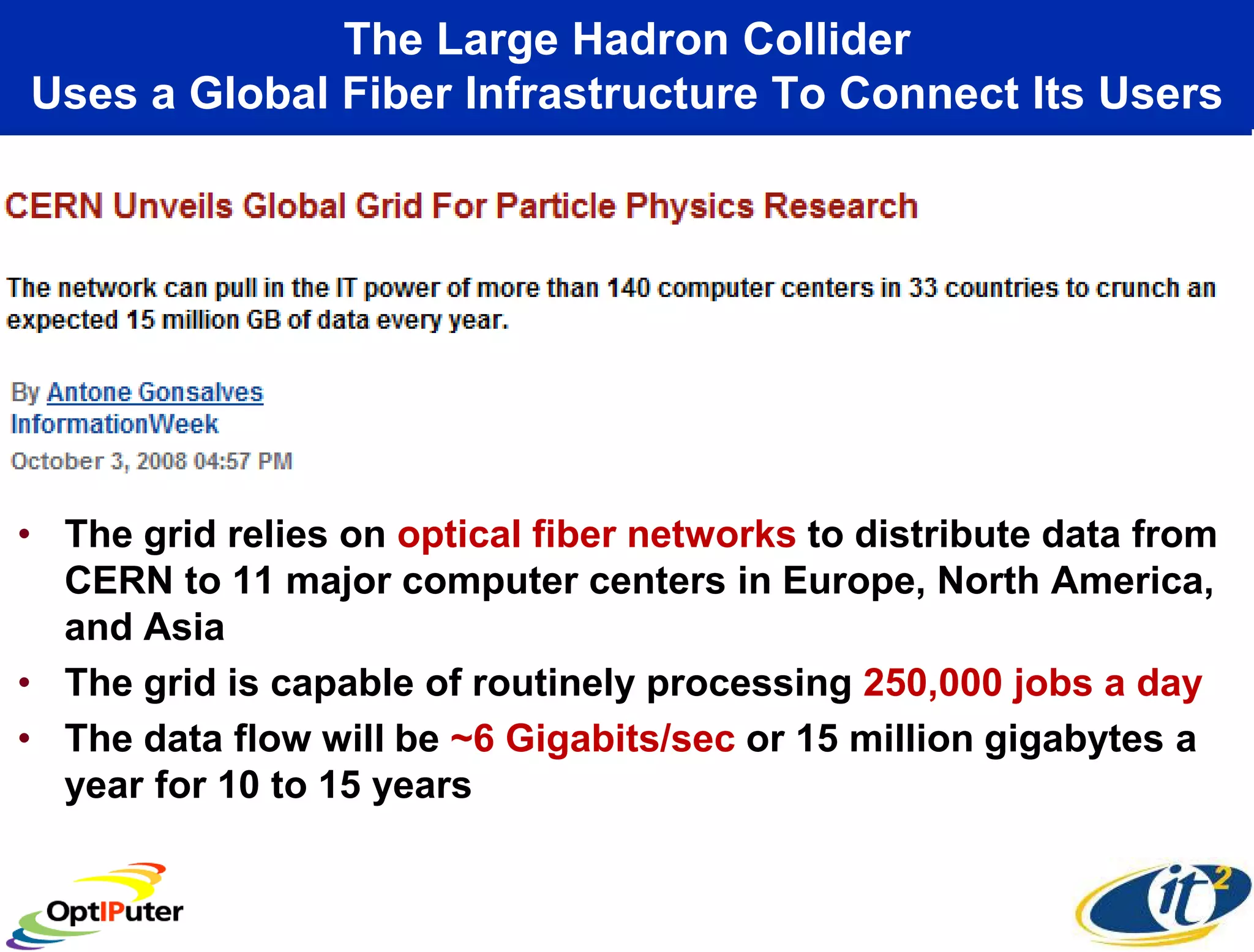 The Large Hadron Collider
Uses a Global Fiber Infrastructure To Connect Its Users




• The grid relies on optical fiber networks to distribute data from
  CERN to 11 major computer centers in Europe, North America,
  and Asia
• The grid is capable of routinely processing 250,000 jobs a day
• The data flow will be ~6 Gigabits/sec or 15 million gigabytes a
  year for 10 to 15 years
 