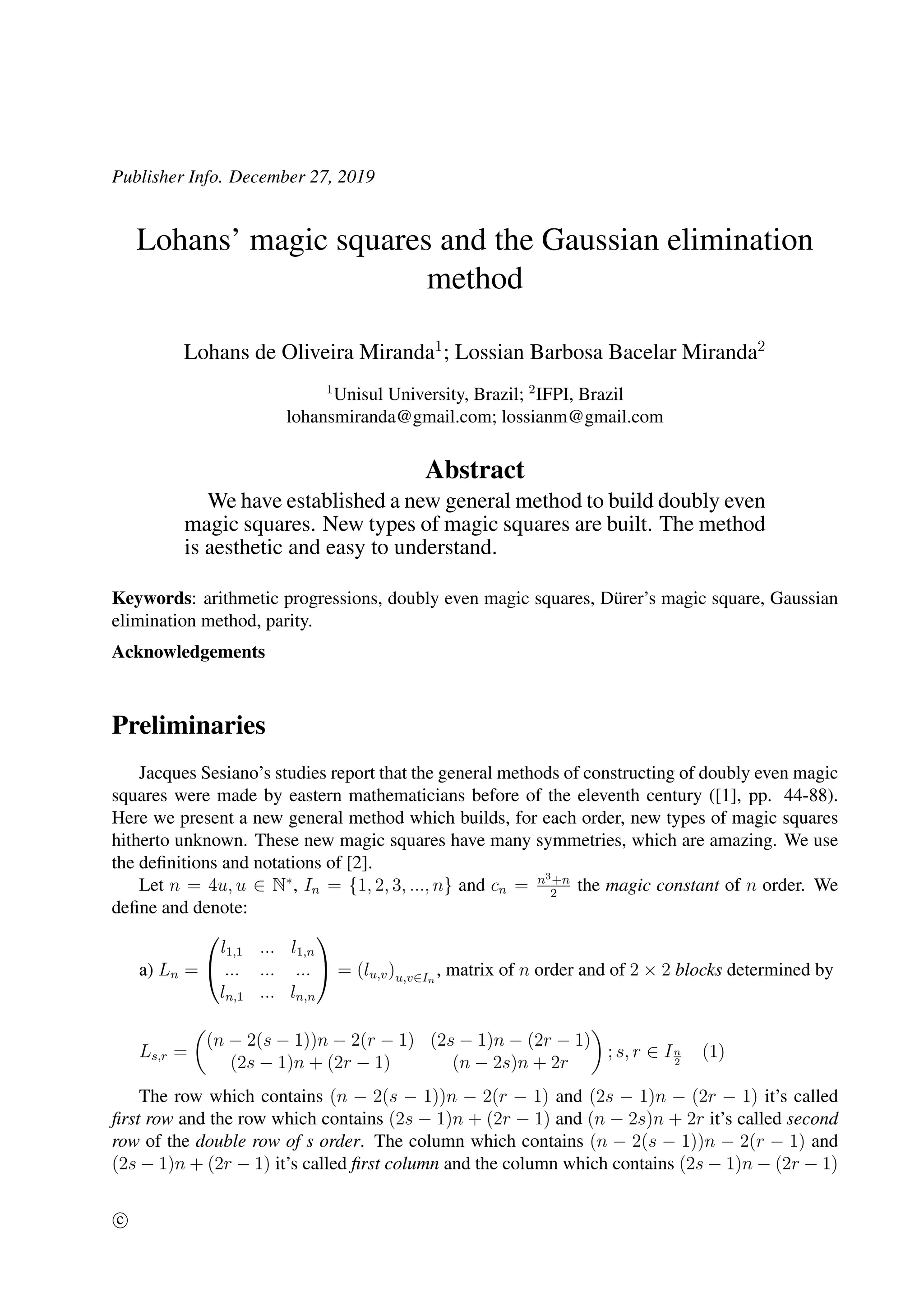 Lohans’ magic squares and the Gaussian elimination method | PDF