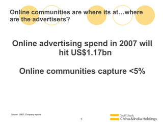 Online communities are where its atwhere are the advertisers?  Online advertising spend in 2007 will hit US$1.17bn Online communities capture <5% Source:  SBCI, Company reports 