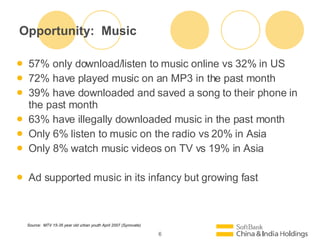 Opportunity:  Music 57% only download/listen to music online vs 32% in US 72% have played music on an MP3 in the past month 39% have downloaded and saved a song to their phone in the past month 63% have illegally downloaded music in the past month Only 6% listen to music on the radio vs 20% in Asia Only 8% watch music videos on TV vs 19% in Asia Ad supported music in its infancy but growing fast Source:  MTV 15-35 year old urban youth April 2007 (Synovate) 