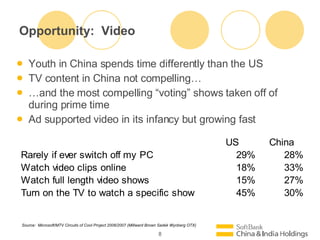 Opportunity:  Video Youth in China spends time differently than the US TV content in China not compelling  and the most compelling voting shows taken off of during prime time Ad supported video in its infancy but growing fast Source:  Microsoft/MTV Circuits of Cool Project 2006/2007 (Millward Brown Sadek Wynberg OTX) 