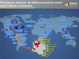 Proexport’s network: 28 offices around the world
and 8 offices in Colombia
 