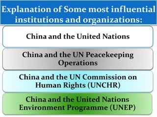 Explanation of Some most influential
institutions and organizations:
China and the United Nations
China and the UN Peacekeeping
Operations
China and the UN Commission on
Human Rights (UNCHR)
China and the United Nations
Environment Programme (UNEP)
 