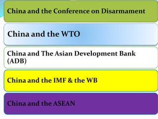 China and the Conference on Disarmament
China and the WTO
China and The Asian Development Bank
(ADB)
China and the IMF & the WB
China and the ASEAN
 