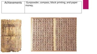 Achievements Gunpowder, compass, block printing, and paper
money.
 