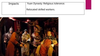 Impacts Yuan Dynasty: Religious tolerance.
Relocated skilled workers.
 