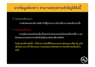 จากข้อมูลดังกล่าว สามารถสรุปสาระสําคัญได้ดังนี้
ผลกระทบด้านบวก :
การเติบโตของตลาดจีน รัสเซีย ทําให้ผู้ประกอบการมีรายได้จากการท่องเที่ยวมากขึ้น
ผลกระทบด้านลบ :
จากพฤติกรรมของนักท่องเที่ยวทั้งสองชาติ ส่งผลกระทบกับนักท่องเที่ยวชาติอื่น ๆ และจากพฤติกรรมของนักท่องเที่ยวทั้งสองชาติ ส่งผลกระทบกับนักท่องเที่ยวชาติอื่น ๆ และ
ยังส่งผลกระทบต่อประชาชนท้องถิ่นที่อยู่ในแหล่งท่องเที่ยวหลักด้วย
ในเมืองท่องเที่ยวหลักทั้ง 7 พื้นที่ พบว่าเมืองที่ได้รับผลกระทบทางสังคมรุนแรงที่สุด คือ ภูเก็ต
เชียงใหม่ และกระบี่ ซึ่งในระยะยาวจะส่งผลต่อภาพลักษณ์ทางการท่องเที่ยวของเมืองนั้นๆ
ต่อไป
 