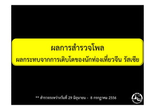 ผลการสํารวจโพล
ผลกระทบจากการเติบโตของนักท่องเที่ยวจีน รัสเซียผลกระทบจากการเติบโตของนักท่องเที่ยวจีน รัสเซีย
** สํารวจระหว่างวันที่ 29 มิถุนายน - 8 กรกฏาคม 2556
 