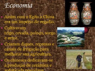 Esse pensamento fazia com que acreditassem ser o único reino verdadeiramente civilizado.EconomiaAssim com o Egito a China era um império de regadio.Cultivavam trigo, cevada, painço, sorgo e arroz.Criaram diques, represas e canais de irrigação para melhorar sua agricultura.Os chineses dedicavam-se à produção de cerâmica e sofisticada porcelana.