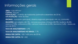 Informações gerais
ÁREA: 9.536.499 km²
CAPITAL: Pequim
POPULAÇÃO: 1,4 bilhão de habitantes (estimativa dezembro de 2014)
LOCALIZAÇÃO: leste da Ásia
IDIOMAS: mandarim (principal), dialetos regionais (principais: min, vu, cantonês).
RELIGIÕES: sem religião (40,1%), crenças populares chinesas (28,9%), budismo (8,6%),
ateísmo (7,5%), cristianismo (9%), crenças tradicionais (4,3%), islamismo (1,6%) - dados do
ano de 2013.
TAXA DE ANALFABETISMO: 4,9%
TAXA DE ANALFABETISMO NO BRASIL: 7,7%
RENDA PER CAPITA: US$ 7.428 (ano de 2014).
RENDA PER CAPITA: R$ 1.052
 