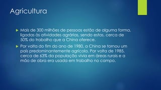 Agricultura
 Mais de 300 milhões de pessoas estão de alguma forma,
ligadas às atividades agrárias, sendo estas, cerca de
50% do trabalho que a China oferece.
 Por volta do fim do ano de 1980, a China se tornou um
país predominantemente agrícola. Por volta de 1985,
cerca de 63% da população vivia em áreas rurais e a
mão de obra era usada em trabalho no campo.
 