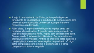  A soja é uma restrição da China, pois o país depende
fortemente de importações, a produção de suínos e aves tem
demonstrado capacidade de crescer acompanhando o
crescimento da demanda.
 Além disso, é importante distinguir as regiões onde tais
produtos são cultivados. A grande maioria da produção de
trigo está localizada no Norte, região com escassez de água.
O arroz ainda é fortemente cultivado no Sul, em sistemas
produtivos com irrigação. Ambos os produtos estão sujeitos à
competição por terra em suas regiões de produção. O trigo
sofre competição com o milho e oleaginosas e o arroz
compete com frutas e vegetais.
 