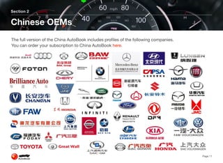 Section 2
Chinese OEMs
Page 11
The full version of the China AutoBook includes profiles of the following companies.
You can order your subscription to China AutoBook here.